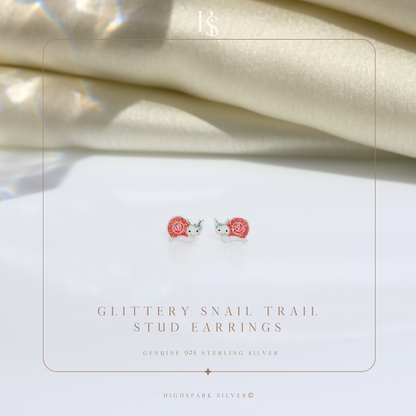 Glittery Snail Trail Cute Enamel Stud Earrings in 925 Sterling Silver