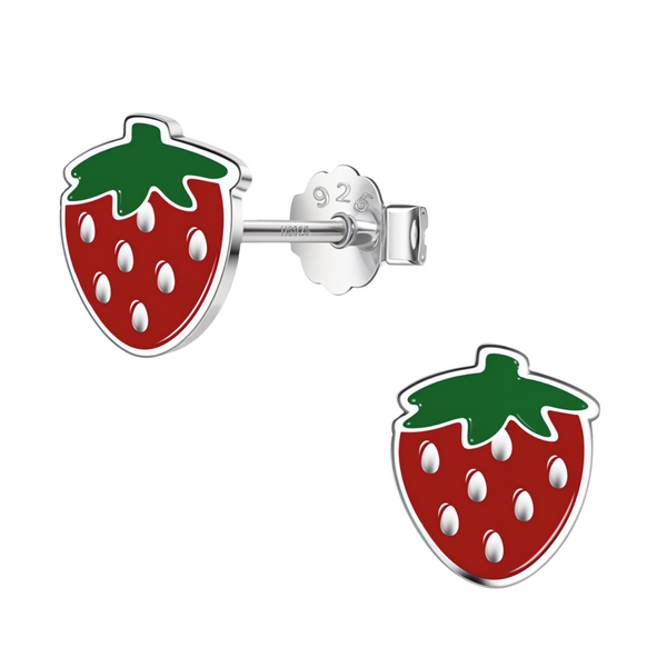 A pair of sterling silver stud earrings shaped like strawberries with red and green enamel detailing, shown on a white background.