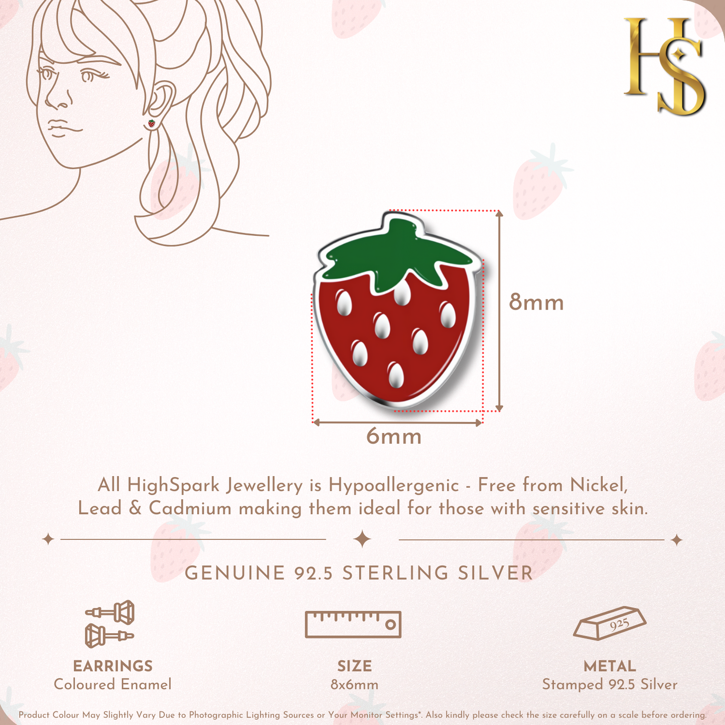 Sweet Starwberry Cute Enamel Stud Earrings in 925 Sterling Silver