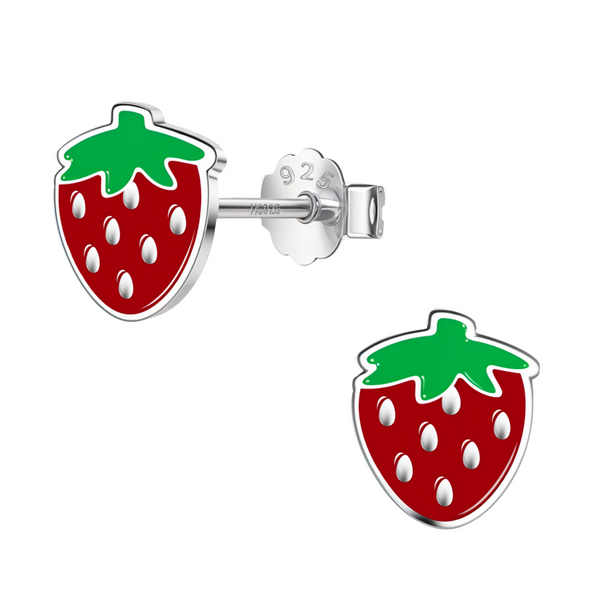 A pair of strawberry-shaped stud earrings with red and green enamel in sterling silver, shown on a plain white background.