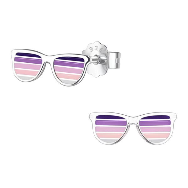 A pair of sterling silver stud earrings shaped like sunglasses with striped purple, pink, and white enamel lenses on a white background.