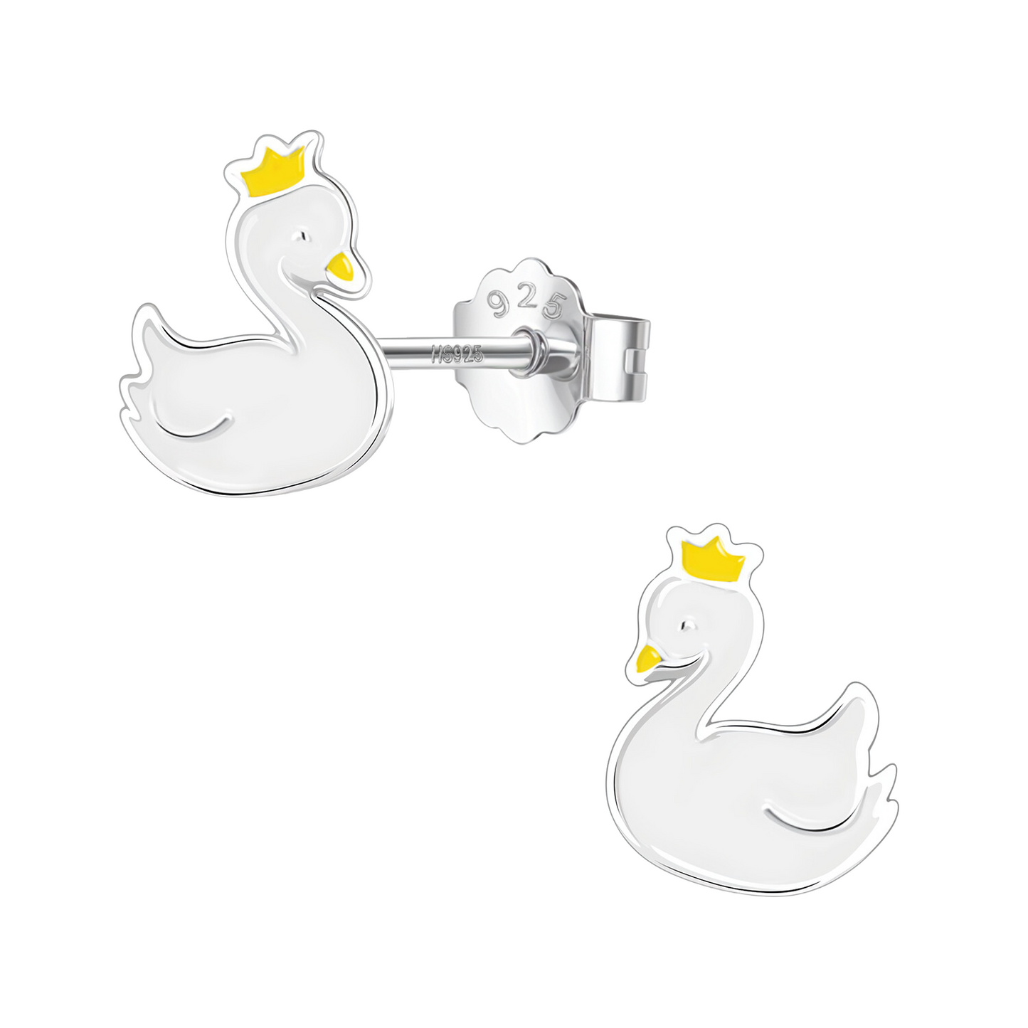 Captivating Crown Swan Cute Enamel Stud Earrings in 925 Sterling Silver