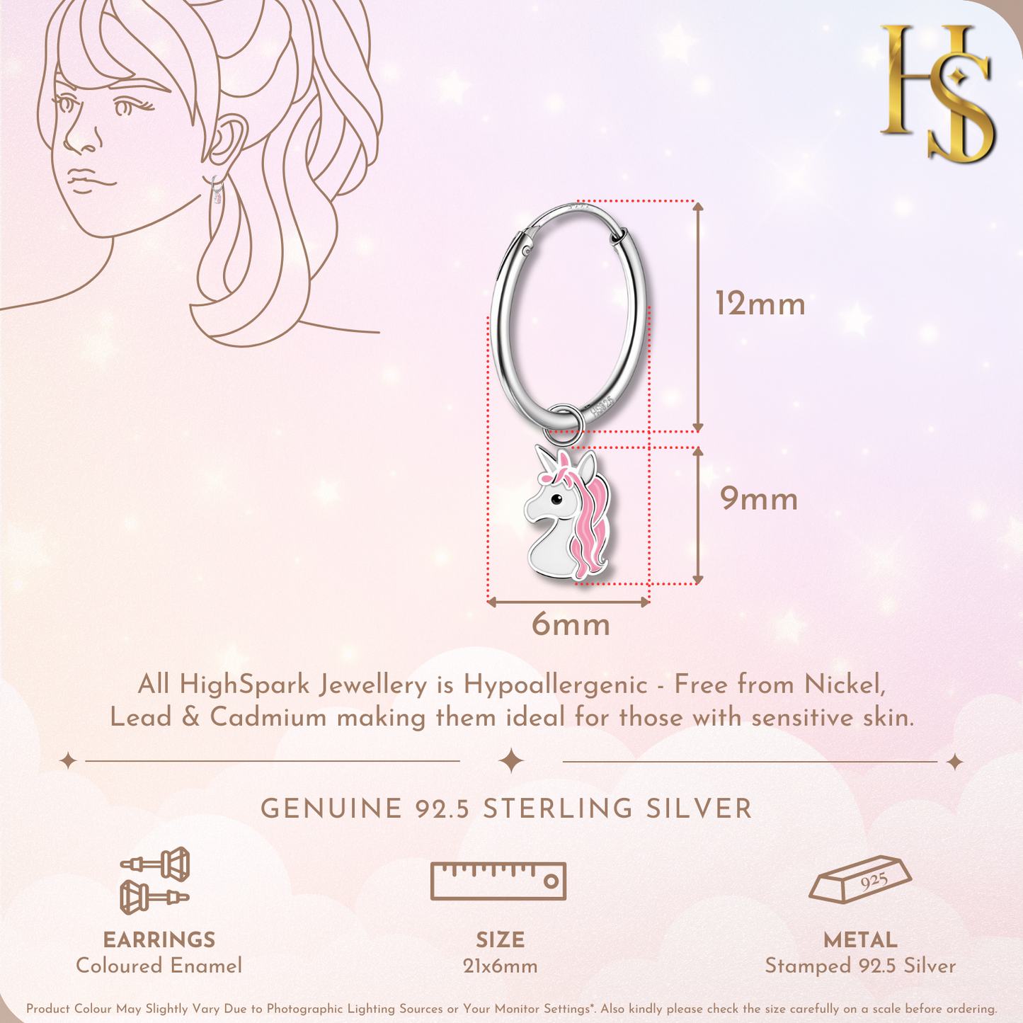 Roseate Unicorn Cute Enamel Dangle Hoops in 925 Sterling Silver