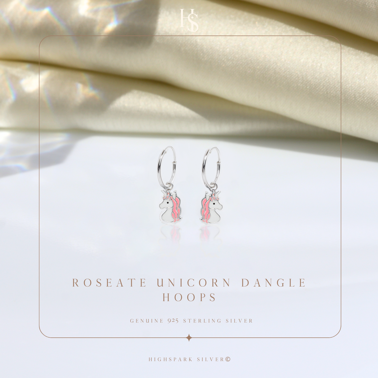 Roseate Unicorn Cute Enamel Dangle Hoops in 925 Sterling Silver