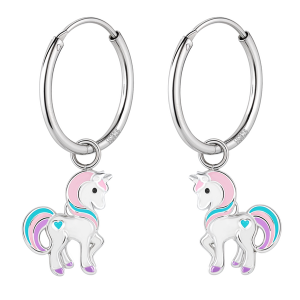 A pair of sterling silver dangle hoop earrings with a unicorn charm featuring pink, blue, and purple enamel details, on a white background.