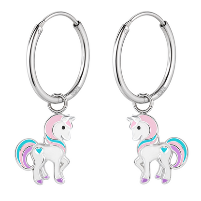 Fantasy Unicorn Cute Enamel Dangle Hoops in 925 Sterling Silver