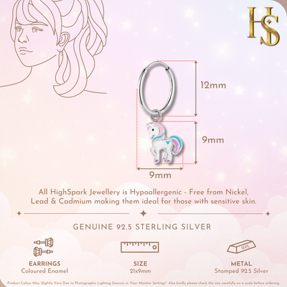 Fantasy Unicorn Cute Enamel Dangle Hoops in 925 Sterling Silver