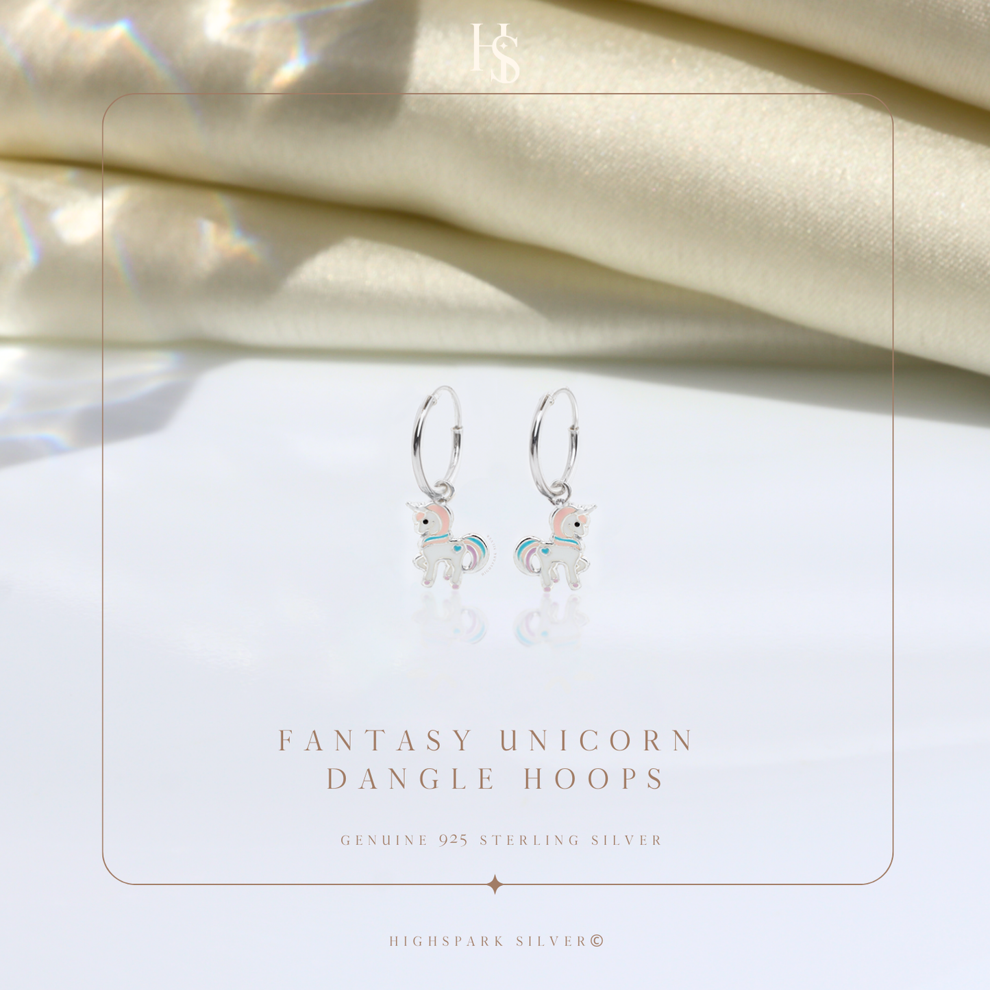 Fantasy Unicorn Cute Enamel Dangle Hoops in 925 Sterling Silver