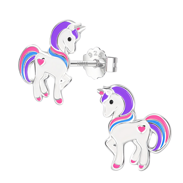 A pair of sterling silver stud earrings in a unicorn shape with purple, blue, and pink enamel detailing, shown with a push-back clasp.