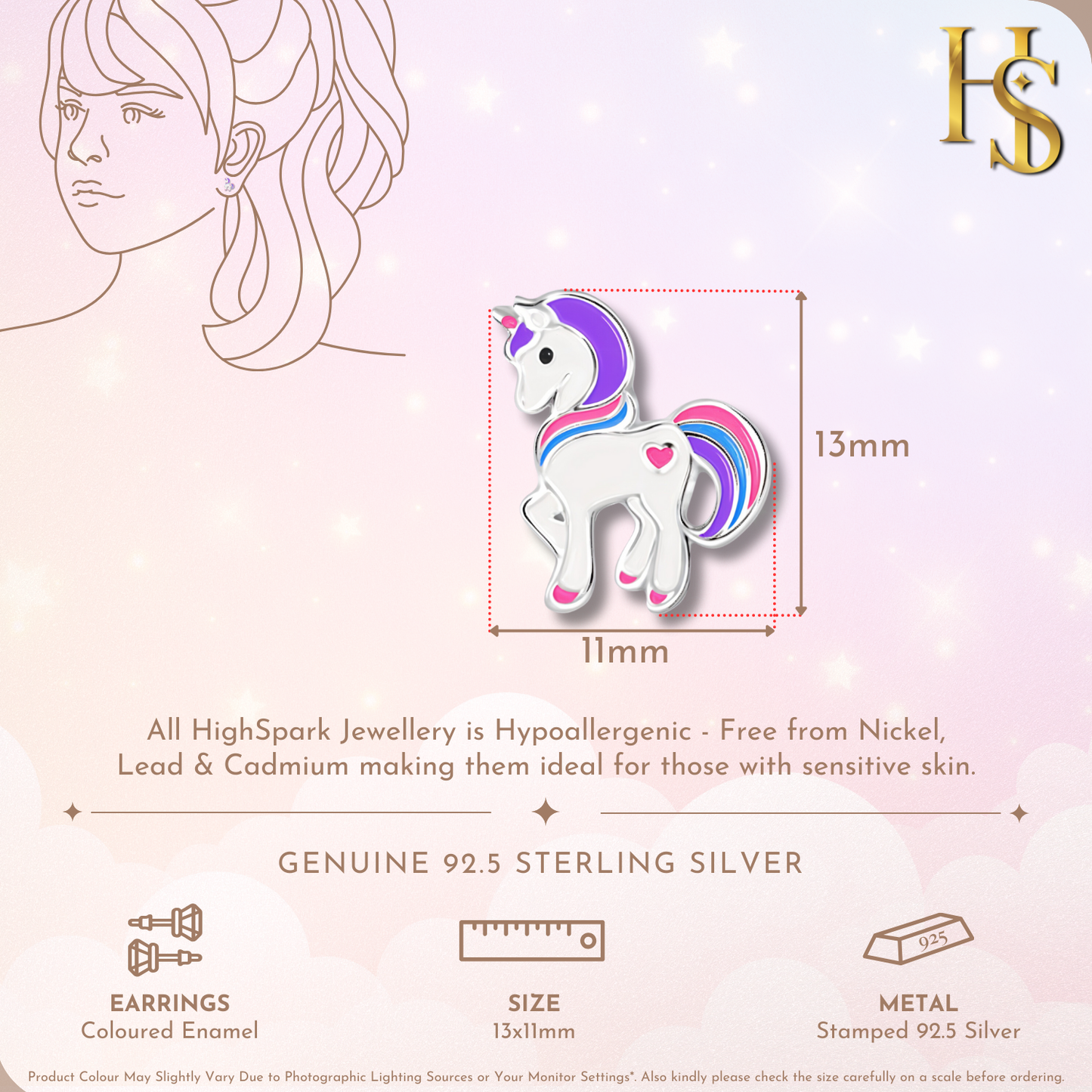 Charming Unicorn Cute Enamel Stud Earrings in 925 Sterling Silver