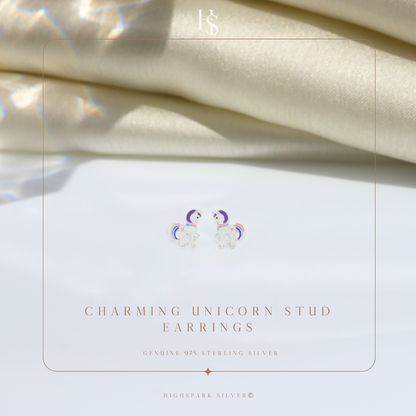 Charming Unicorn Cute Enamel Stud Earrings in 925 Sterling Silver