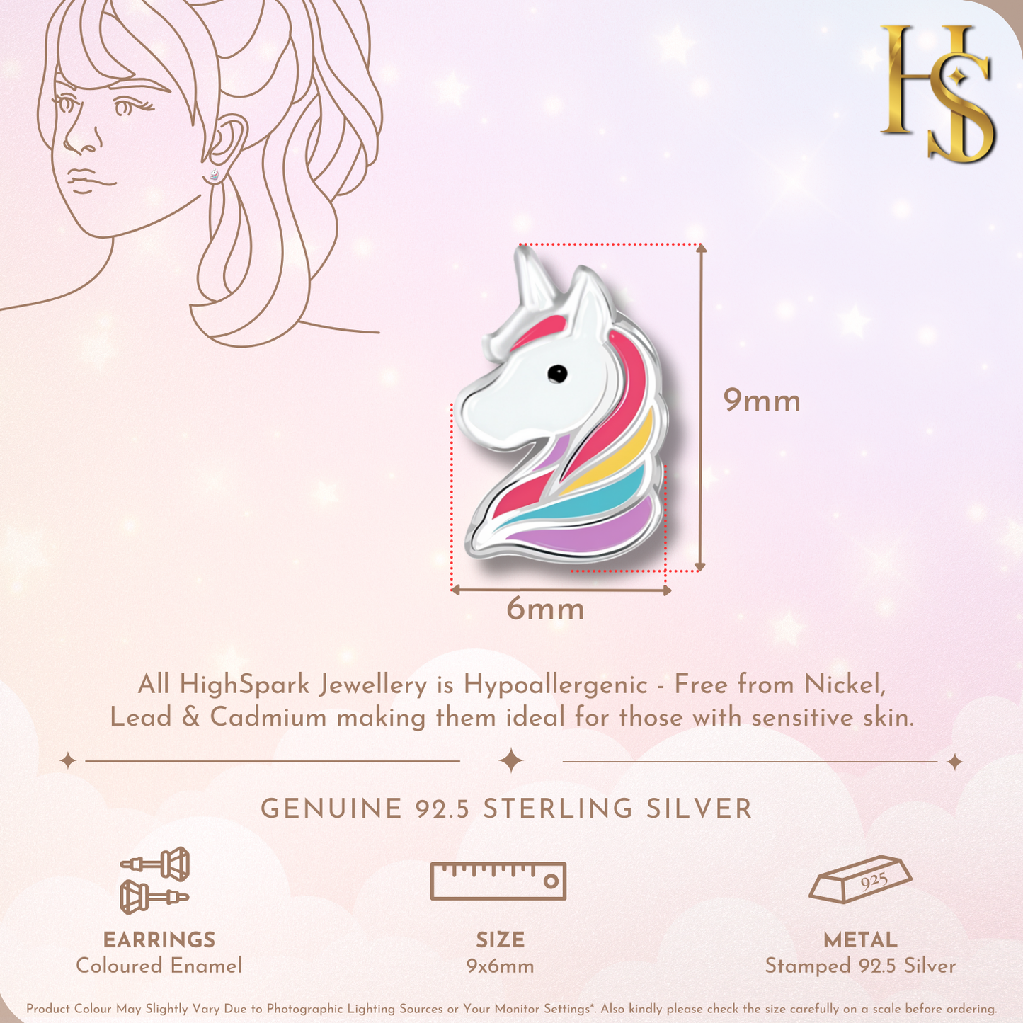 Colourpop Rainbow Unicorn Cute Enamel Stud Earrings in 925 Sterling Silver