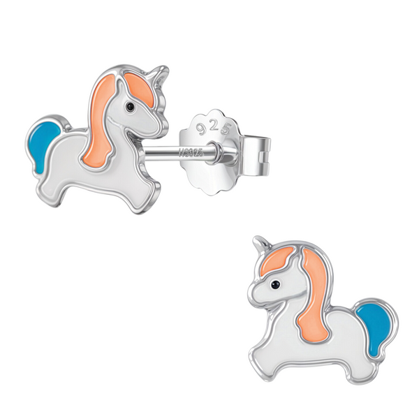 A pair of unicorn-shaped stud earrings with white, peach, and blue enamel, crafted in sterling silver with a push-back closure.