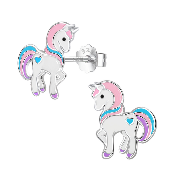 Unicorn stud earrings with pink, blue, and purple enamel detailing in sterling silver, shown on a white background with a screw back.