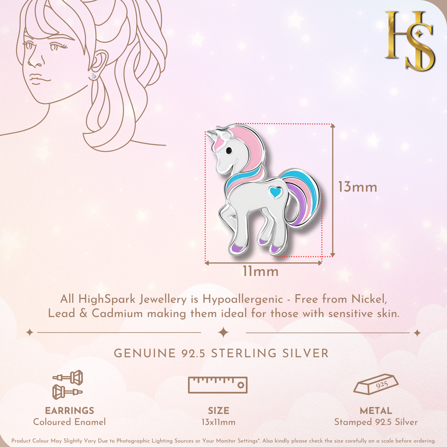 Fantasy Unicorn Cute Enamel Stud Earrings in 925 Sterling Silver