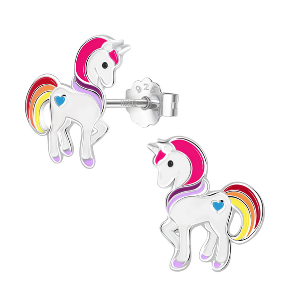 A pair of unicorn stud earrings in sterling silver with colourful enamel details, shown with a push-back clasp on a white background.