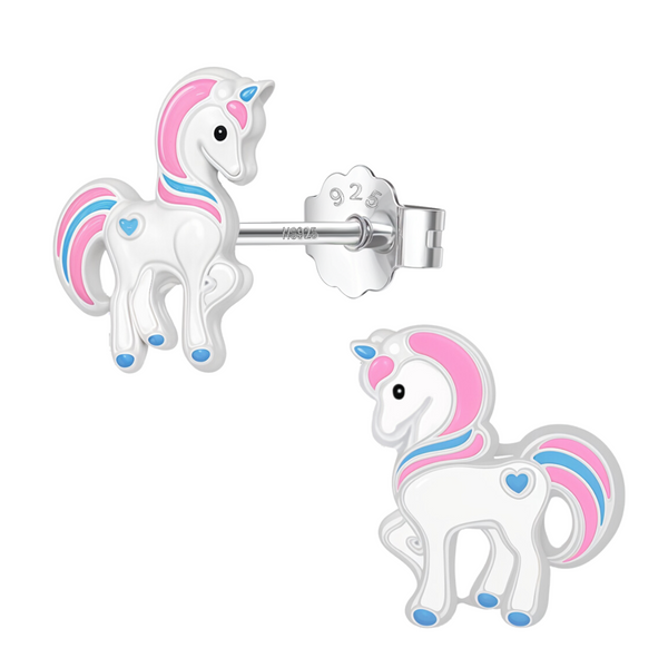 A pair of unicorn stud earrings with pink and blue enamel detailing, crafted in sterling silver with a push-back closure.