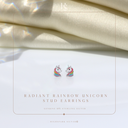 Radiant Rainbow Unicorn Stud Earrings in 925 Sterling Silver For Women