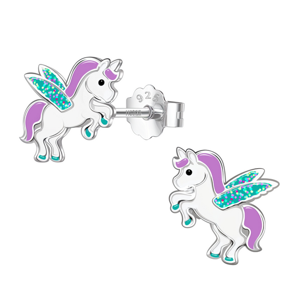 A pair of unicorn stud earrings in sterling silver with white and purple enamel, and glittery teal wings, shown on a white background.