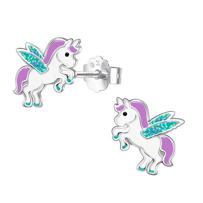 Glittery Enchanted Unicorn Cute Enamel Stud Earrings in 925 Sterling Silver