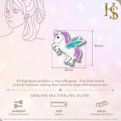 Glittery Enchanted Unicorn Cute Enamel Stud Earrings in 925 Sterling Silver