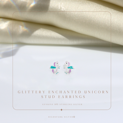 Glittery Enchanted Unicorn Cute Enamel Stud Earrings in 925 Sterling Silver