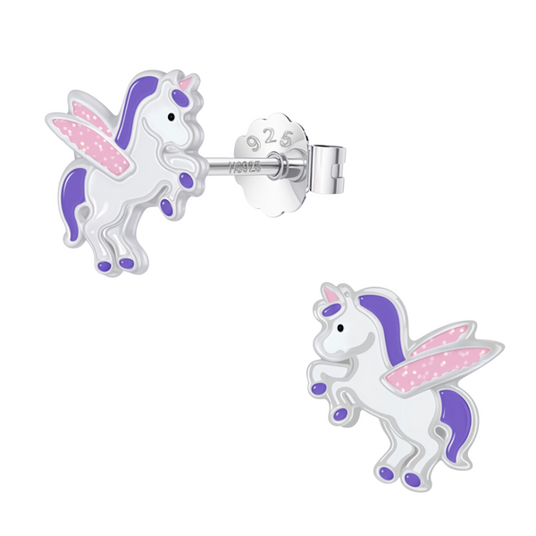 A pair of winged unicorn stud earrings with purple, pink, and white enamel detailing in sterling silver, shown with a butterfly back.