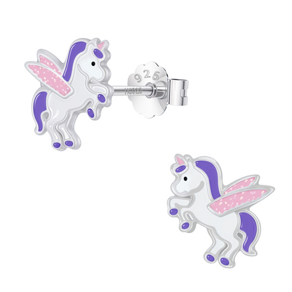 Glittery Mystical Unicorn Cute Enamel Stud Earrings in 925 Sterling Silver