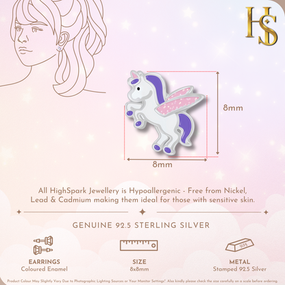 Glittery Mystical Unicorn Cute Enamel Stud Earrings in 925 Sterling Silver