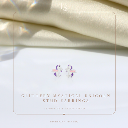 Glittery Mystical Unicorn Cute Enamel Stud Earrings in 925 Sterling Silver