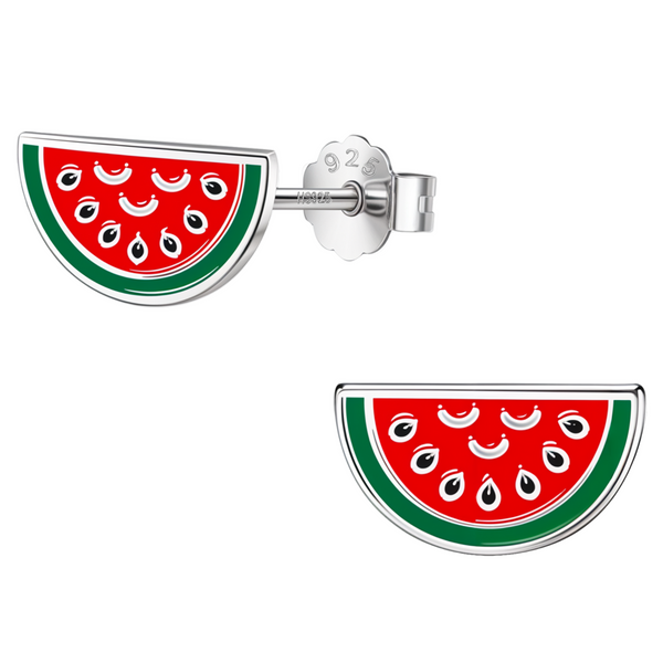 A pair of sterling silver stud earrings shaped like watermelon slices with red, green, and black enamel, shown on a white background.
