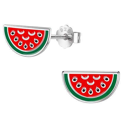 Juicy Watermelon Cute Enamel Stud Earrings in 925 Sterling Silver