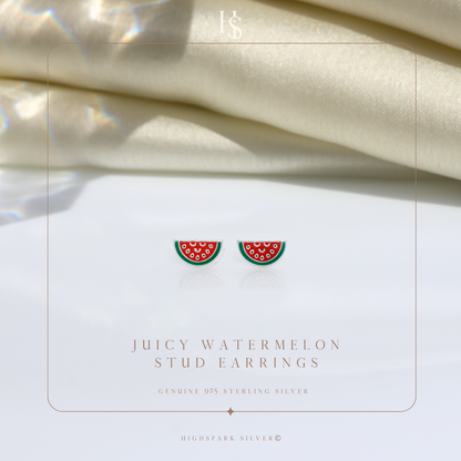 Juicy Watermelon Cute Enamel Stud Earrings in 925 Sterling Silver