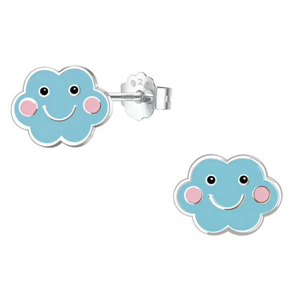 A pair of sterling silver stud earrings shaped like happy blue clouds with pink cheeks and push-back closures on a white background.