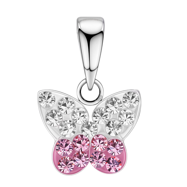 A butterfly pendant with clear and pink American diamonds set in sterling silver with pink enamel on the lower wings.