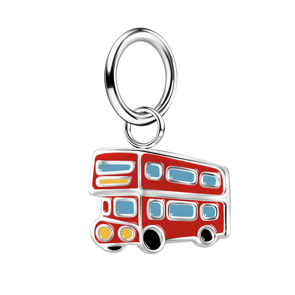 A cute London double-decker bus pendant charm with red, blue, and yellow enamel, crafted in sterling silver and shown on a white background.