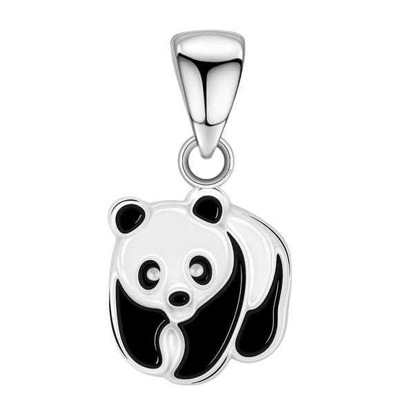 A cute panda pendant with black and white enamel detailing, crafted from polished sterling silver and shown on a white background.