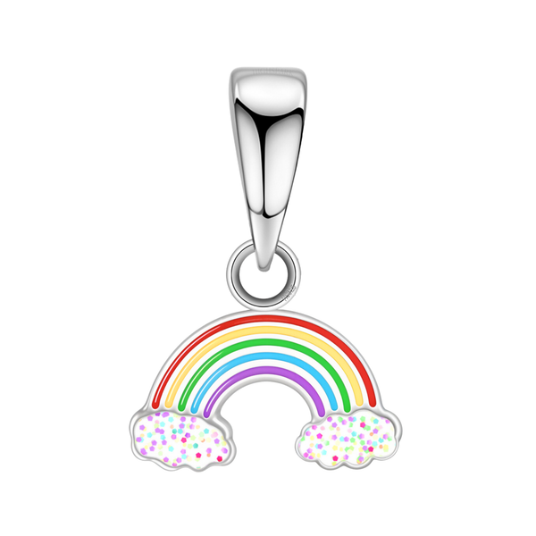 A sterling silver pendant shaped like a rainbow with colourful enamel stripes and glittery enamel clouds, shown on a white background.