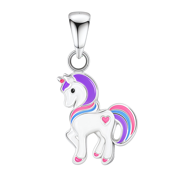 A sterling silver unicorn pendant with white, purple, pink, and blue enamel detailing, shown on a plain white background.
