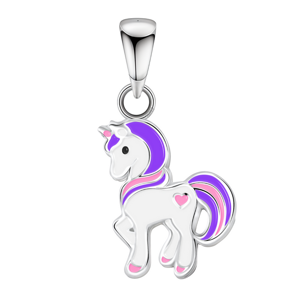 A unicorn pendant in sterling silver with white, purple, and pink enamel detailing, shown on a plain white background.