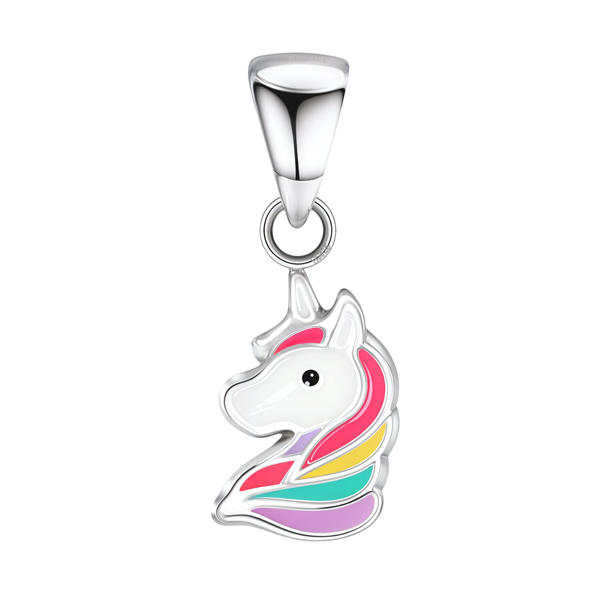 A sterling silver pendant shaped like a unicorn head with a rainbow-coloured enamel mane, shown on a plain white background.