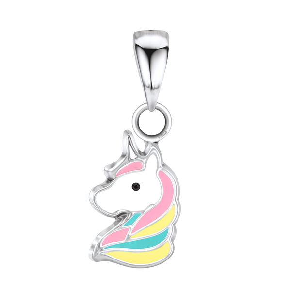 A unicorn head pendant in sterling silver with pink, yellow, and turquoise enamel detailing, shown on a plain white background.