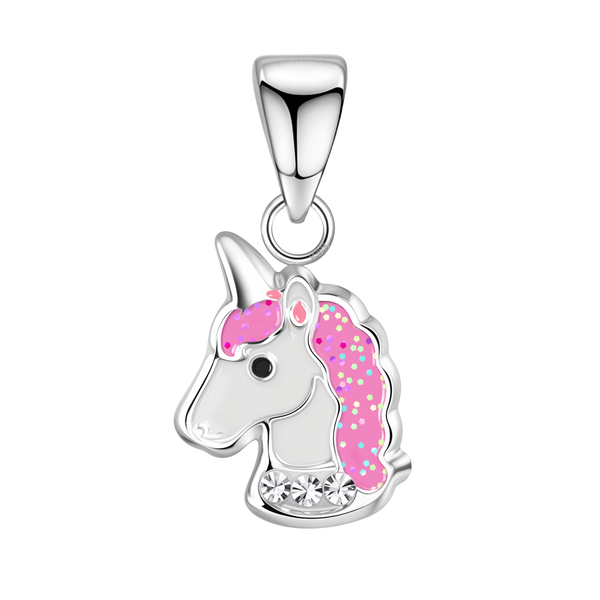 A sterling silver unicorn pendant with white and glittery pink enamel, accented with three round American diamonds, on a white background.