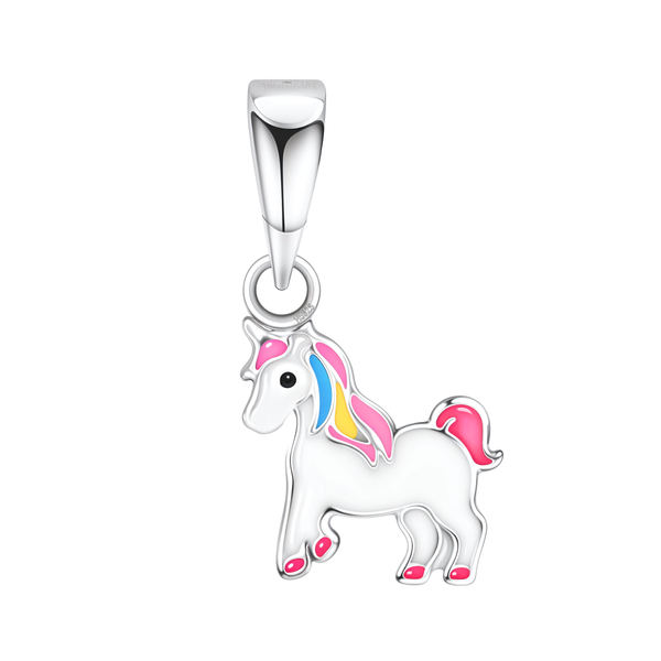 A sterling silver unicorn pendant with white, pink, yellow, and blue enamel detailing, shown on a plain white background.