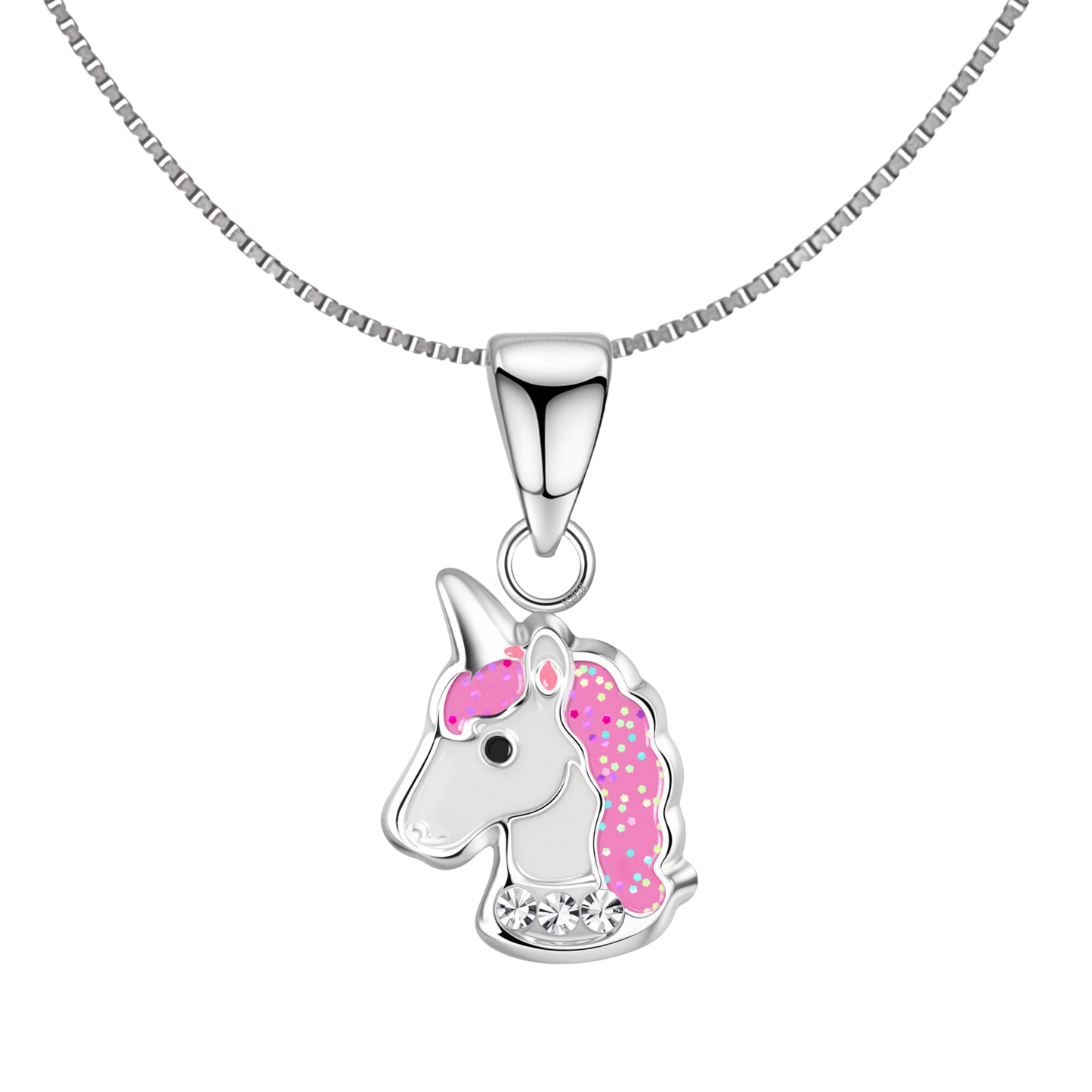 Glittery Whimsical Unicorn Cute Enamel Pendant in 925 Sterling Silver