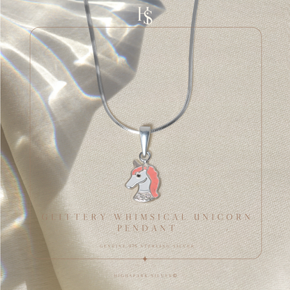 Glittery Whimsical Unicorn Cute Enamel Pendant in 925 Sterling Silver