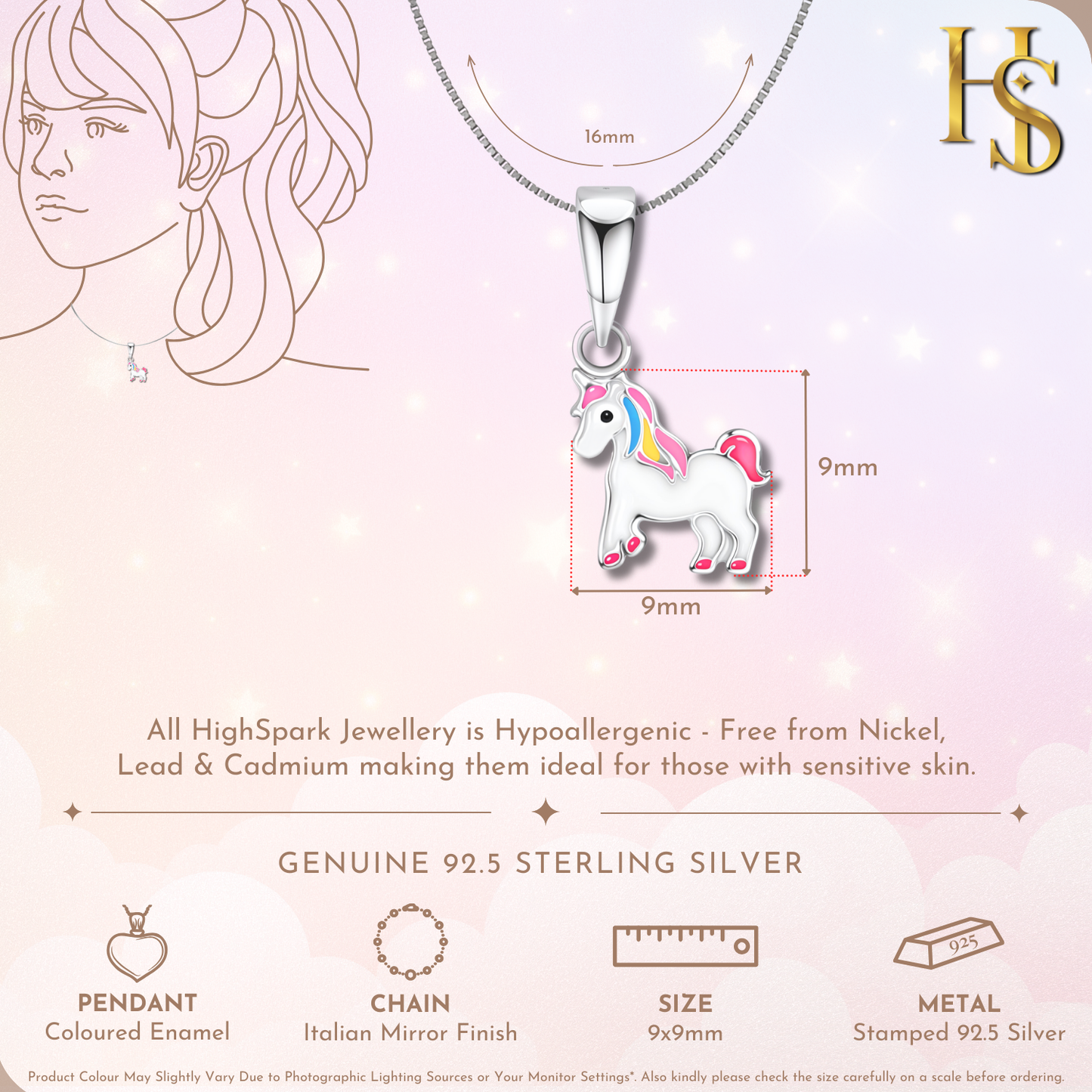 Merry Unicorn Cute Enamel Pendant in 925 Sterling Silver