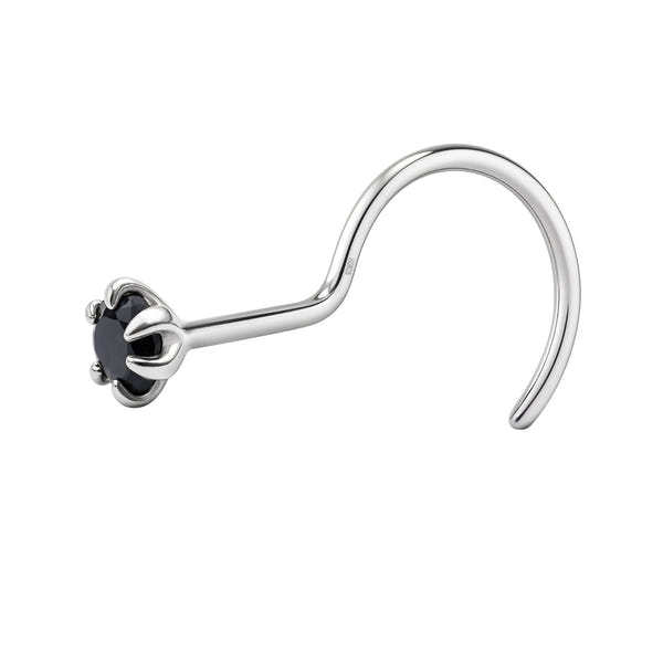 A sterling silver nose pin with a curved screw back, featuring a round black American Diamond stone held in a six-prong setting on a white.