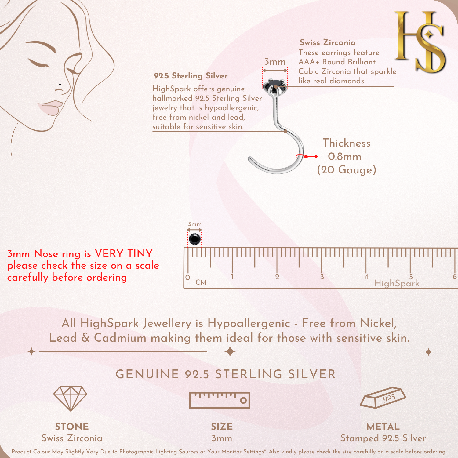 Nose pin in 92.5 Sterling Silver embellished with Black Zirconia HighSpark