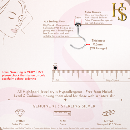 Nose pin in 92.5 Sterling Silver embellished with Black Zirconia HighSpark